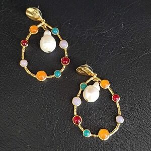 J.Crew Multi Color Stone and Freshwater Pearl Gold Tone Hoop Statement Earrings